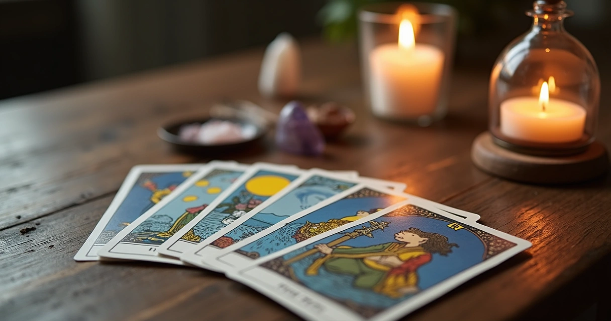Cartas de tarot dispostas em mesa com vela acesa ao lado 