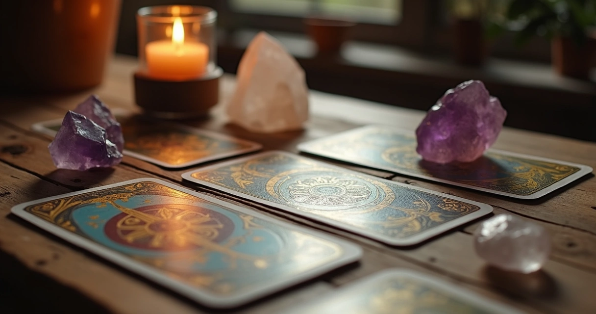 Cartas de tarot, vela acesa e cristais em mesa de madeira 