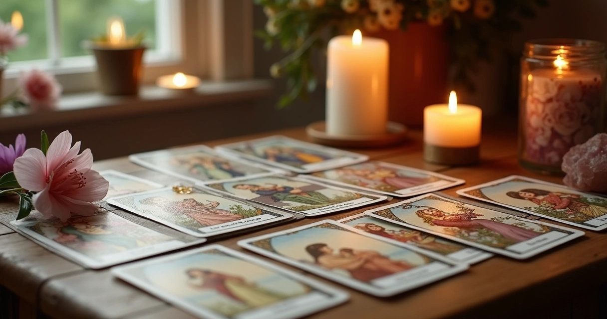 Cartas de tarot sobre mesa com velas e flores em volta. 
