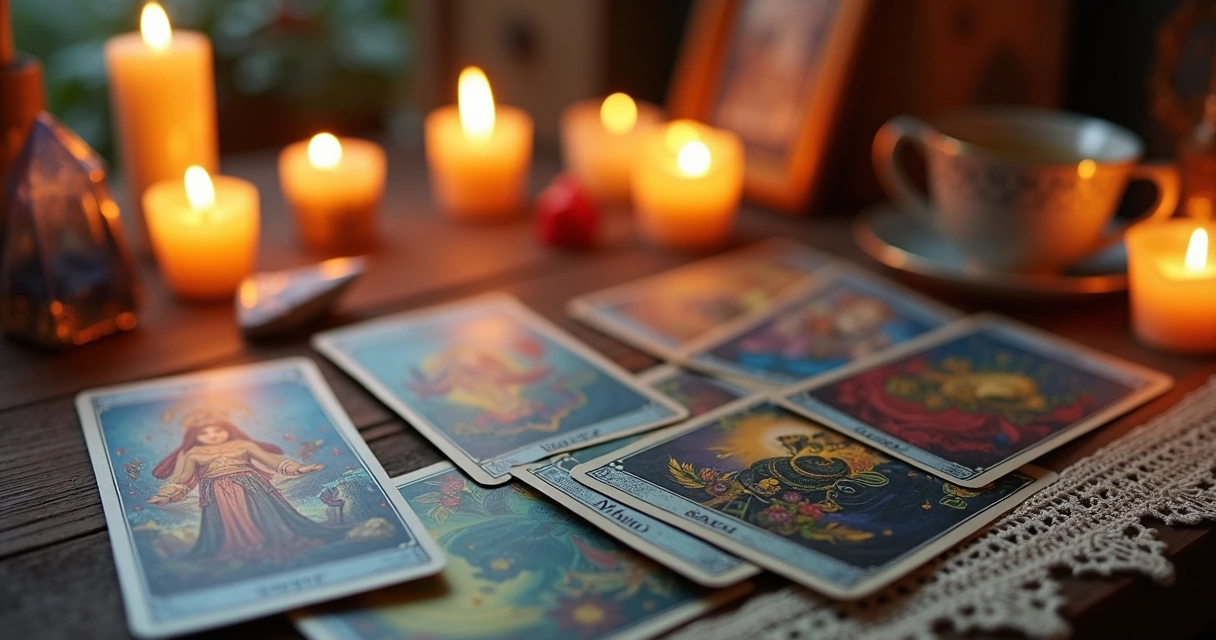 Cartas de tarot dispostas em mesa com velas 