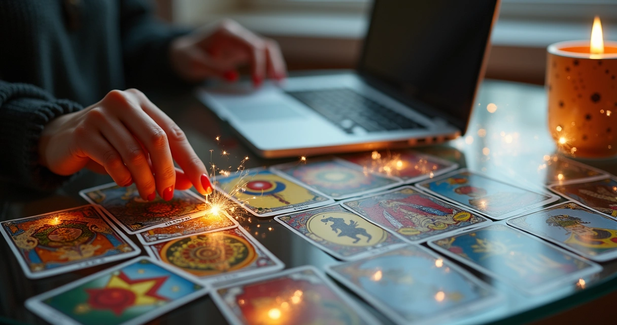 Cartas de tarot dispostas em uma mesa virtual durante uma leitura online 