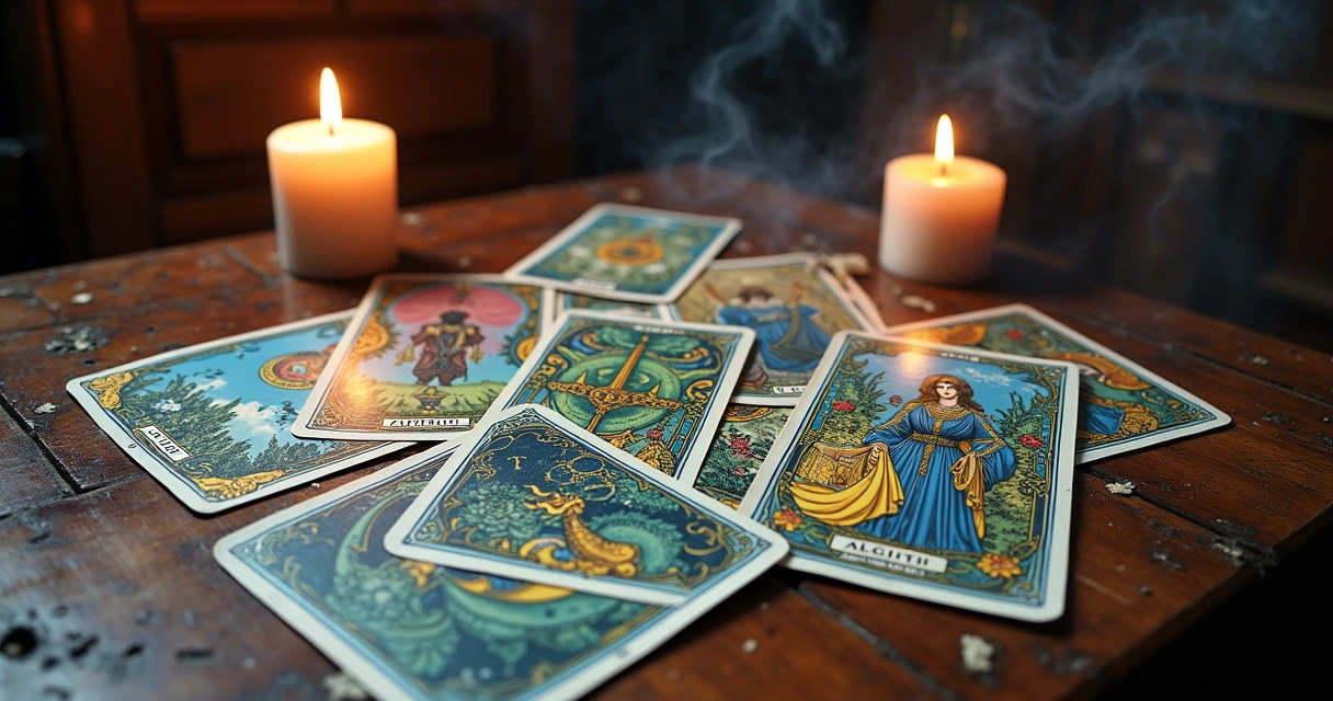 Cartas de tarot dispostas em uma mesa de madeira com velas, misturando arcanos maiores e menores.
