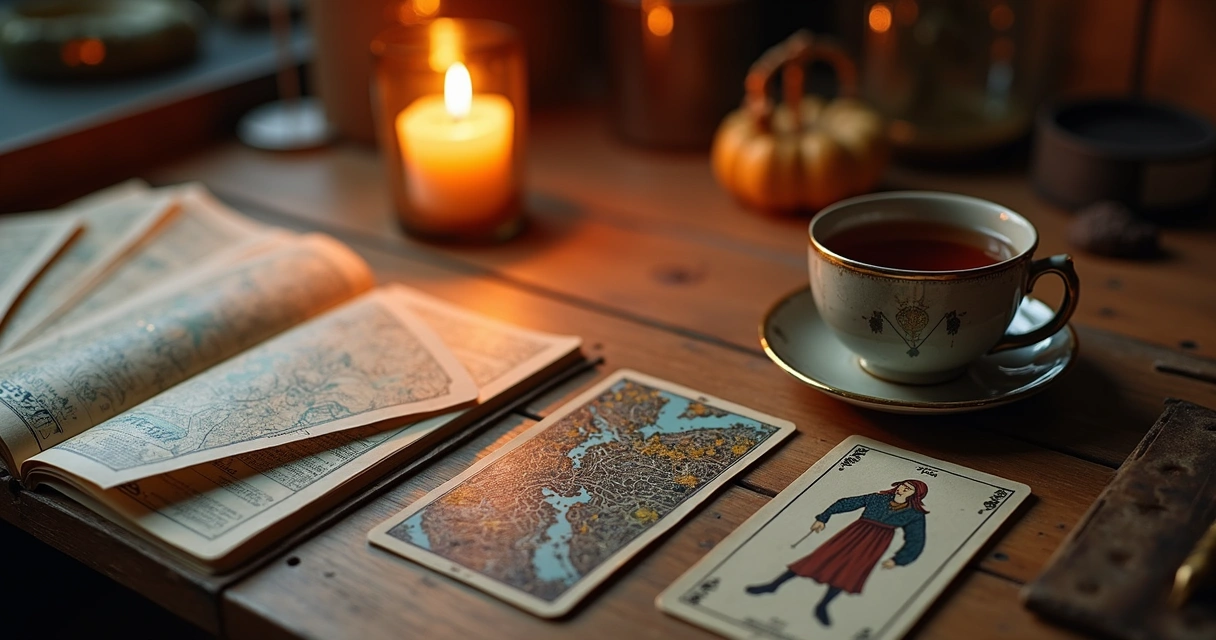 Cartas de tarot espalhadas sobre uma mesa, com mapa da cidade ao fundo