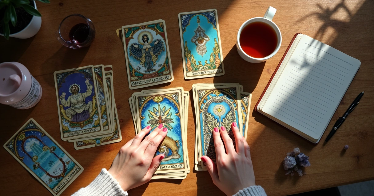 Cartas de tarot coloridas espalhadas em uma mesa com mãos femininas tocando-as 