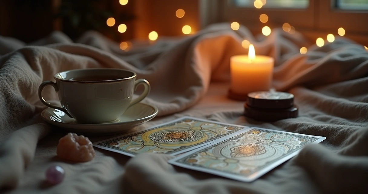 Cartas de Tarot sobre uma mesa com chá artesanal ao lado e luz suave 