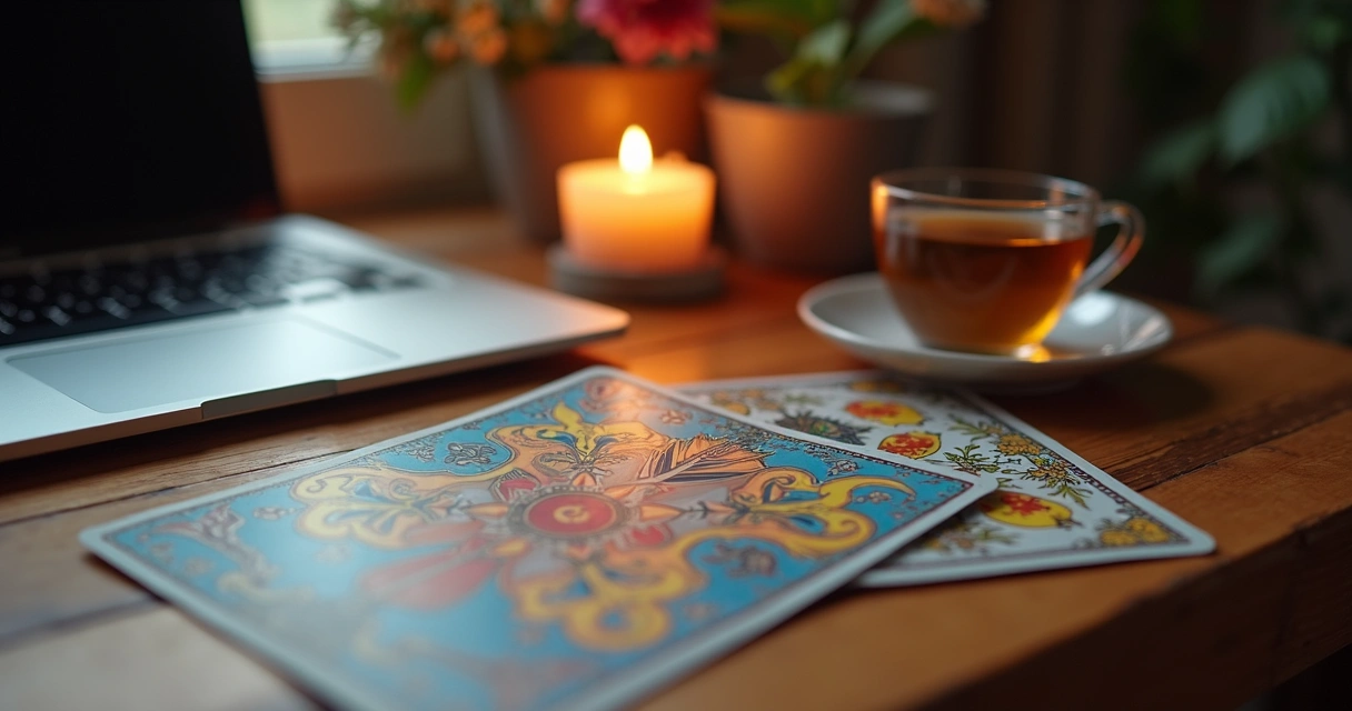 Cartas de tarot dispostas ao lado de um notebook e uma vela acesa, cena de consulta espiritual digital 