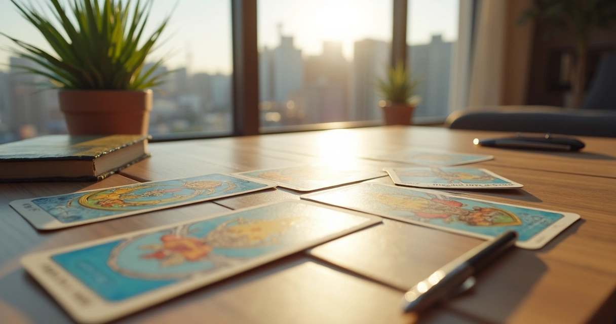 Cartas de tarot sobre mesa com cenário de cidade ao fundo 
