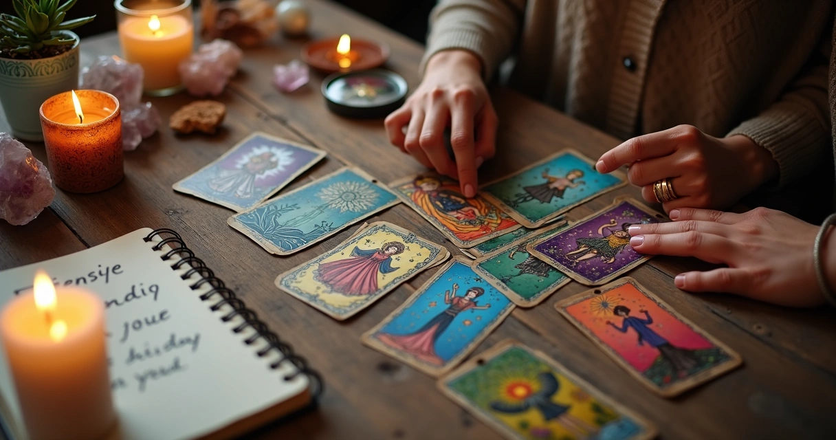 Cartas de tarot abertas mostrando imagens simbólicas num ambiente tranquilo 