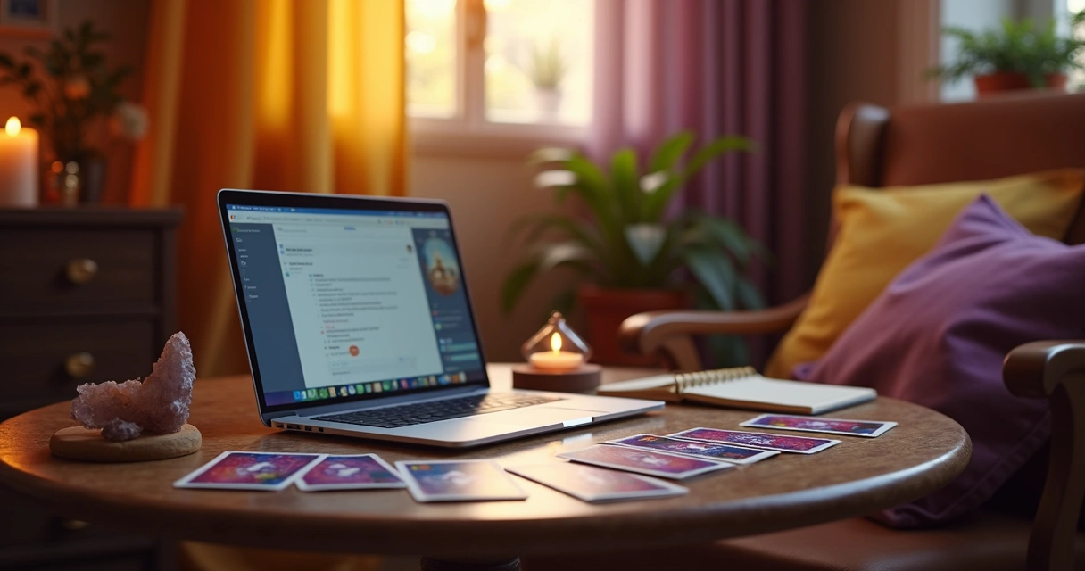 Baralho de tarot aberto sobre uma mesa ao lado de um notebook 