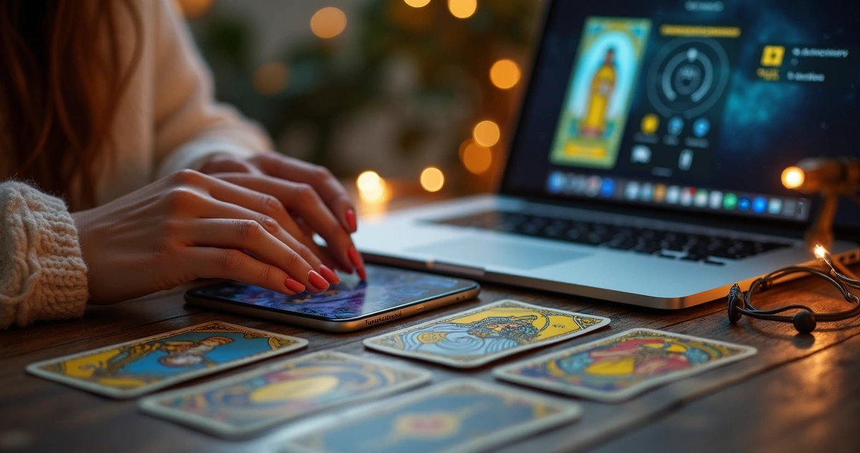 Cartas de tarot embaralhadas vistas de cima em fundo suave e computador ao lado