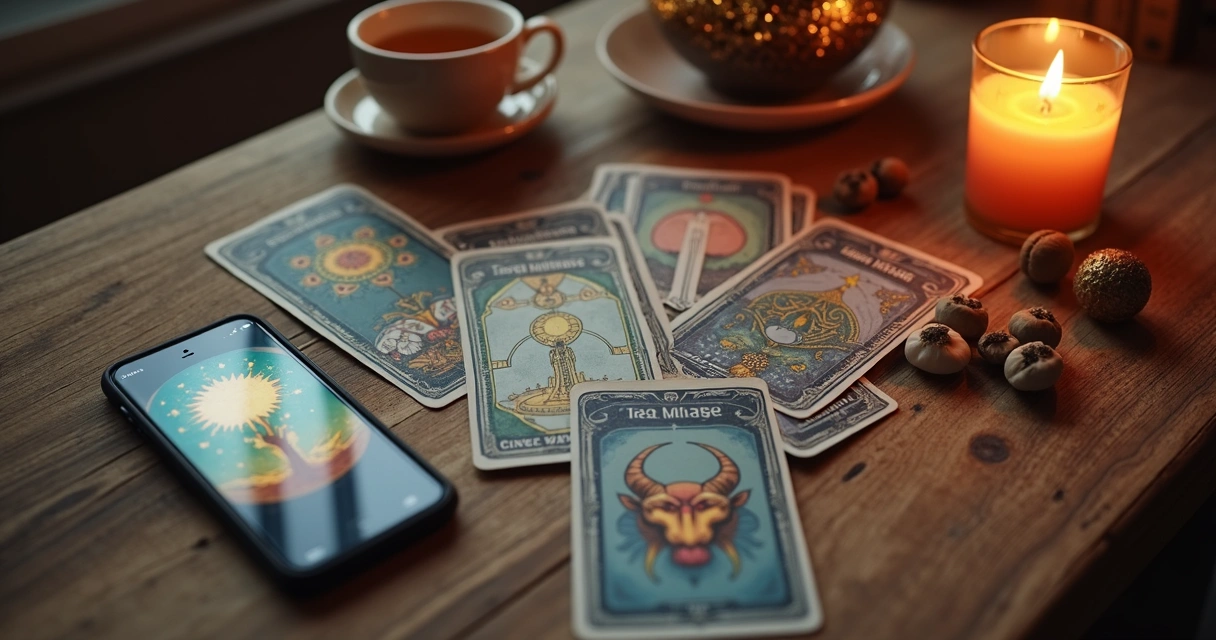 Mesa com cartas de tarot para tiragem virtual 