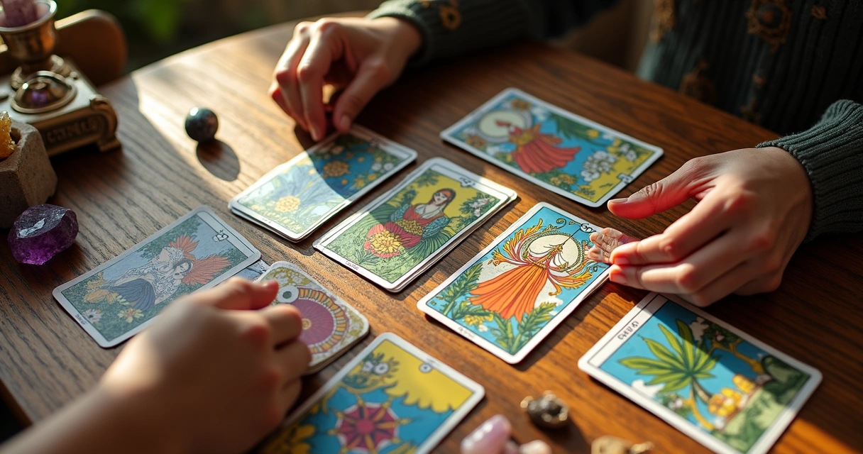 Cartas de tarot e oráculo espalhadas numa mesa 