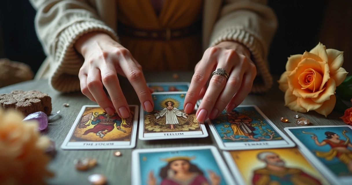 Cartas de tarot dispostas e mão feminina mostrando carta central 