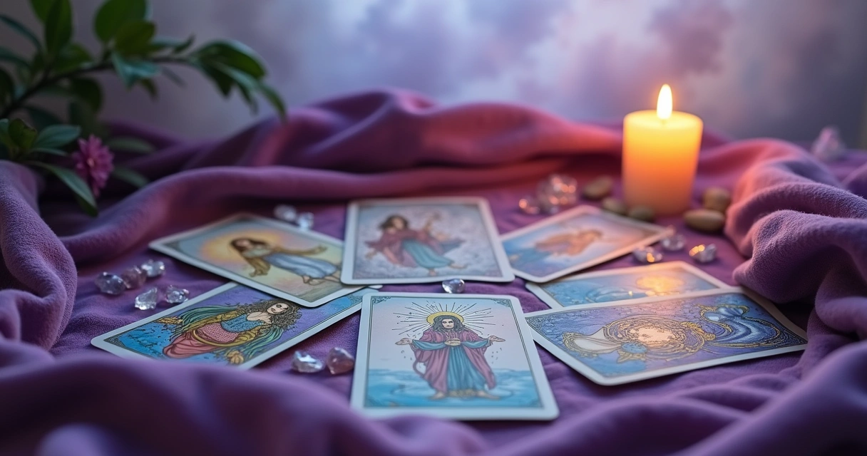 Um cenário místico com cartas de tarot dispostas em um pano, velas e cristais, evocando introspecção.