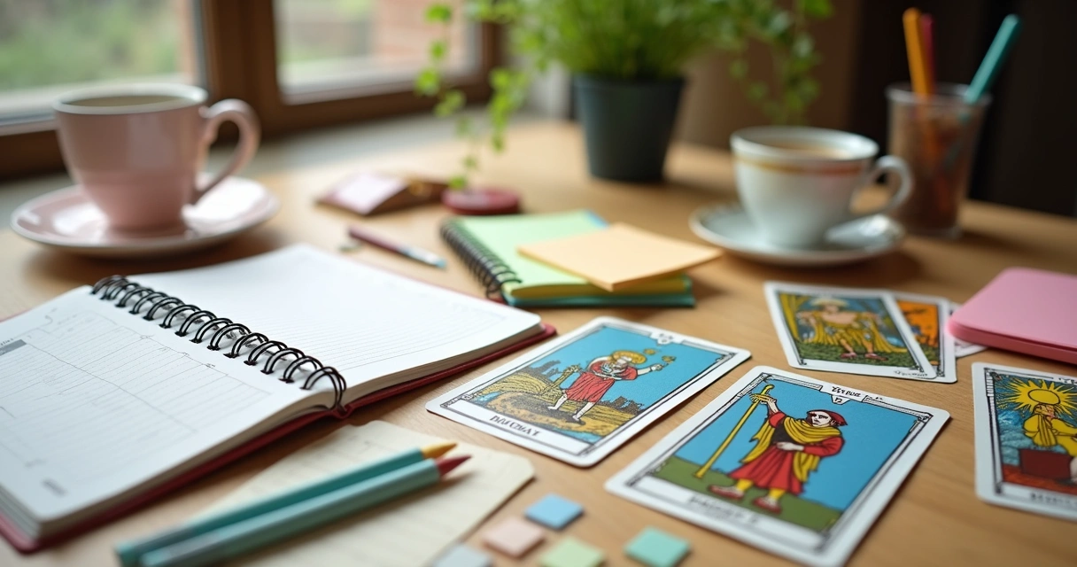 Cartas de tarot dispostas ao lado de caderno de planejamento semanal 