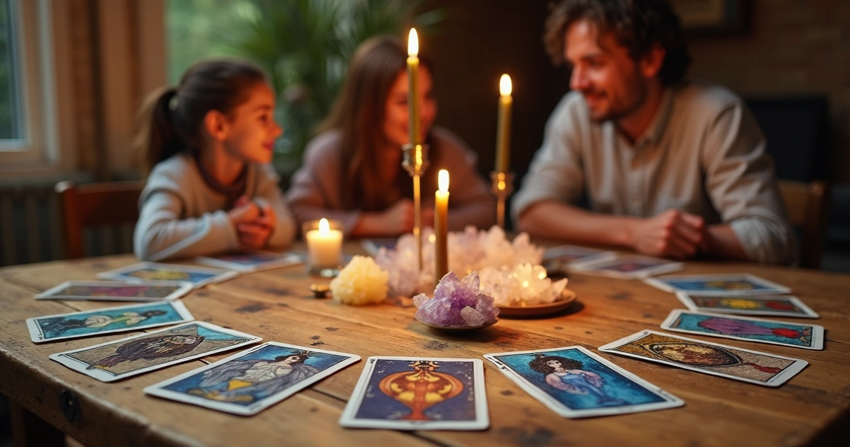 Cartas de tarot dispostas em círculo com uma família reunida ao fundo 