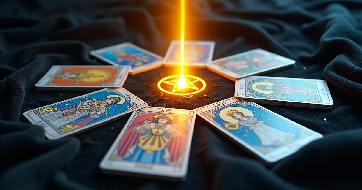 Cartas do tarot dispostas em círculo com fundo escuro e luz brilhante central 