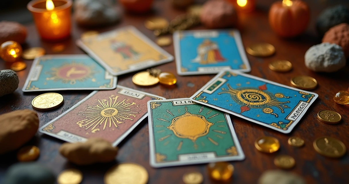 Cinco cartas de tarot dispostas em círculo sobre uma toalha colorida, pedras e moedas douradas ao redor