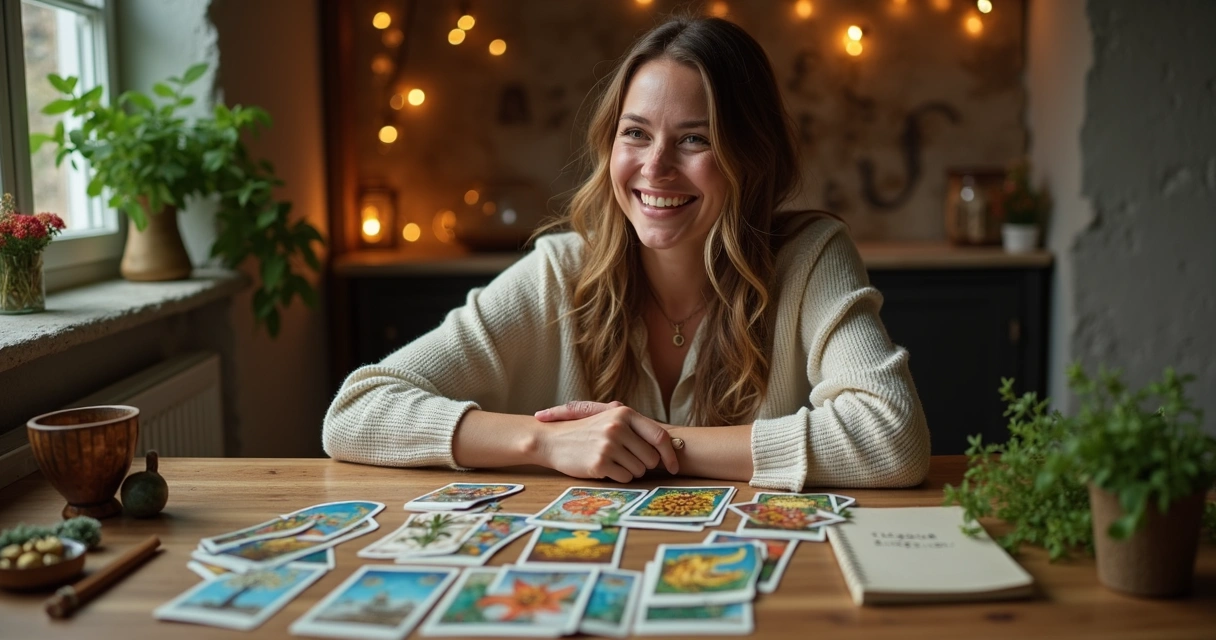 Mulher sorridente consultando cartas de tarot para prosperidade 