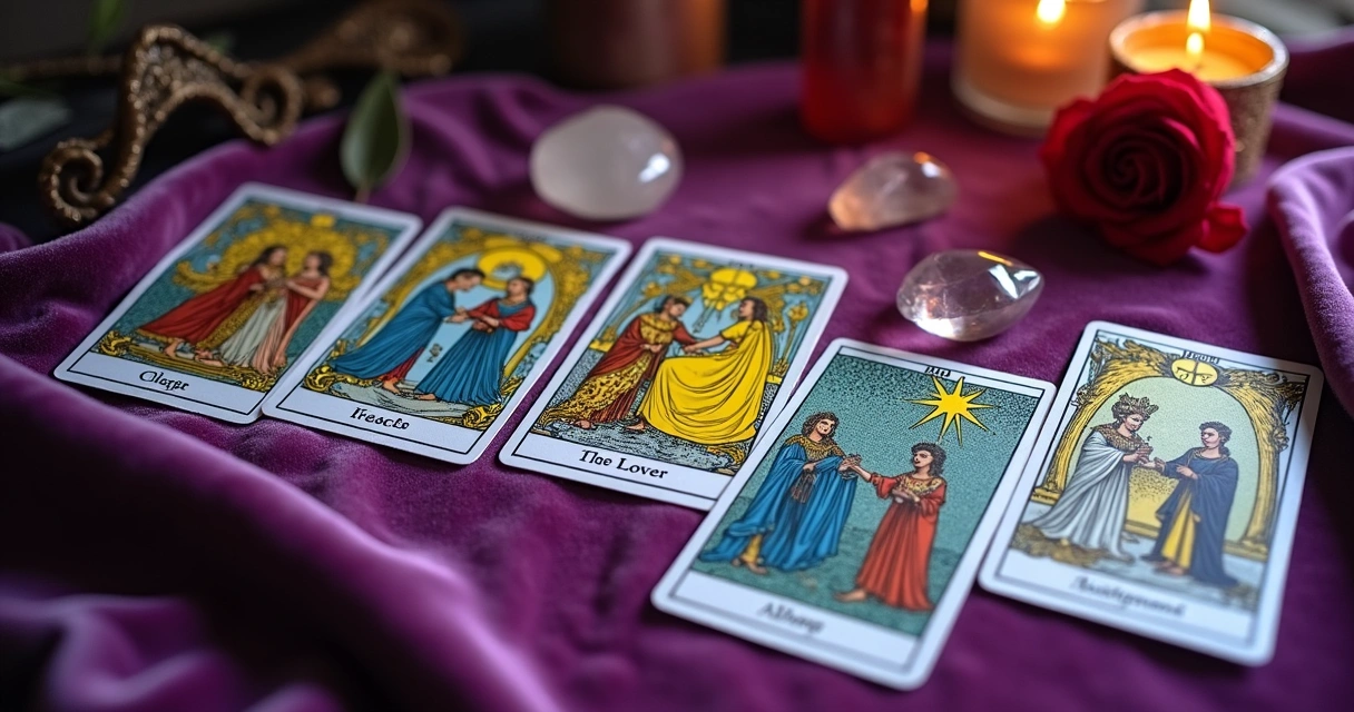 Cartas de tarot representando amor e reconciliação distribuidas sobre mesa de veludo roxo 