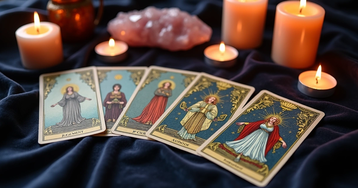 Cartas de tarot dispostas mostrando Seis de Copas, Dois de Copas, Temperança e O Papa lado a lado, com fundo de velas acesas e cristais 