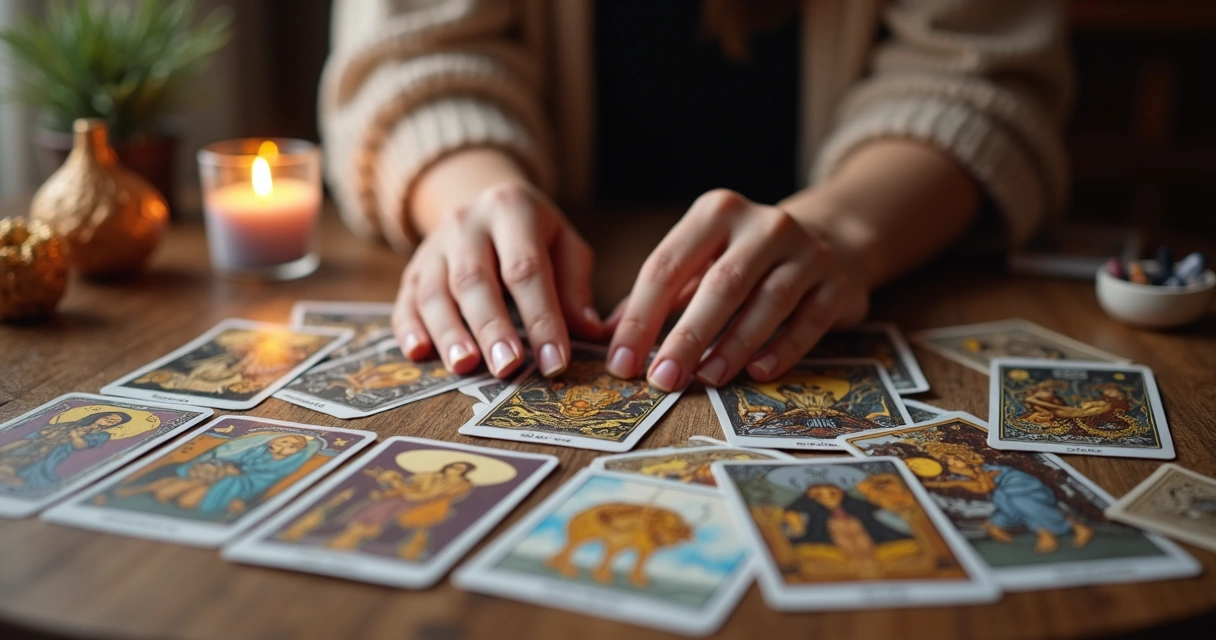 Cartas de Tarot sobre mesa com mãos femininas ao redor 