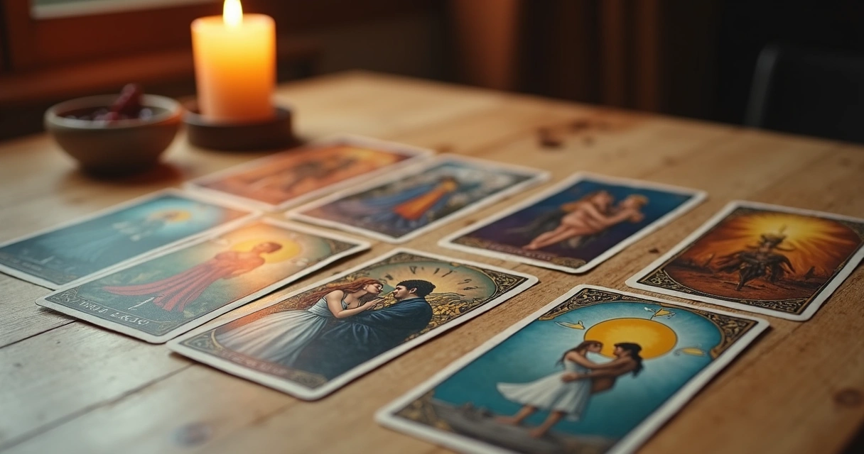 Diversas cartas de tarot sobre uma mesa de madeira clara, destacando cartas relacionadas ao amor como Os Enamorados e Dois de Copas 