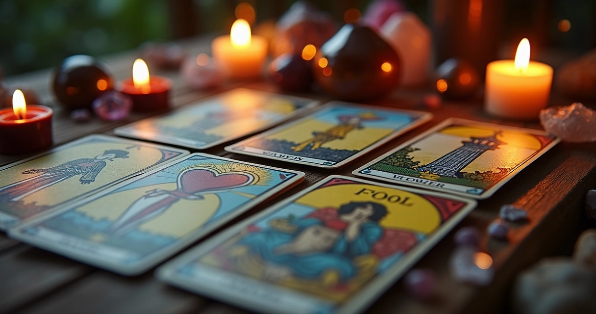 Cartas de tarot dispostas sobre uma mesa, mostrando diferentes arcanos maiores e menores. 
