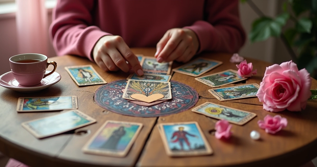 Cartas de tarot dispostas em círculo sobre mesa para consulta amorosa 