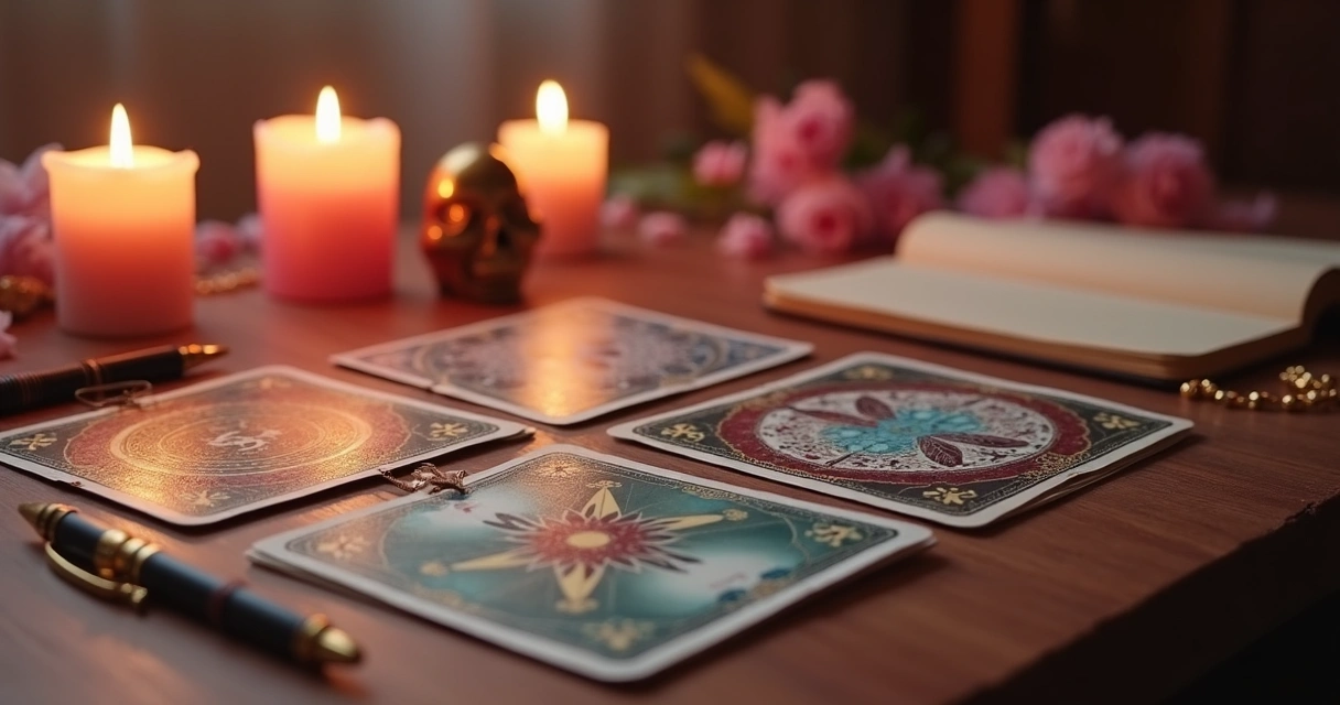 Cartas de tarot dispostas sobre uma mesa com detalhes em velas acesas e atmosfera mística, papéis e caneta ao lado 