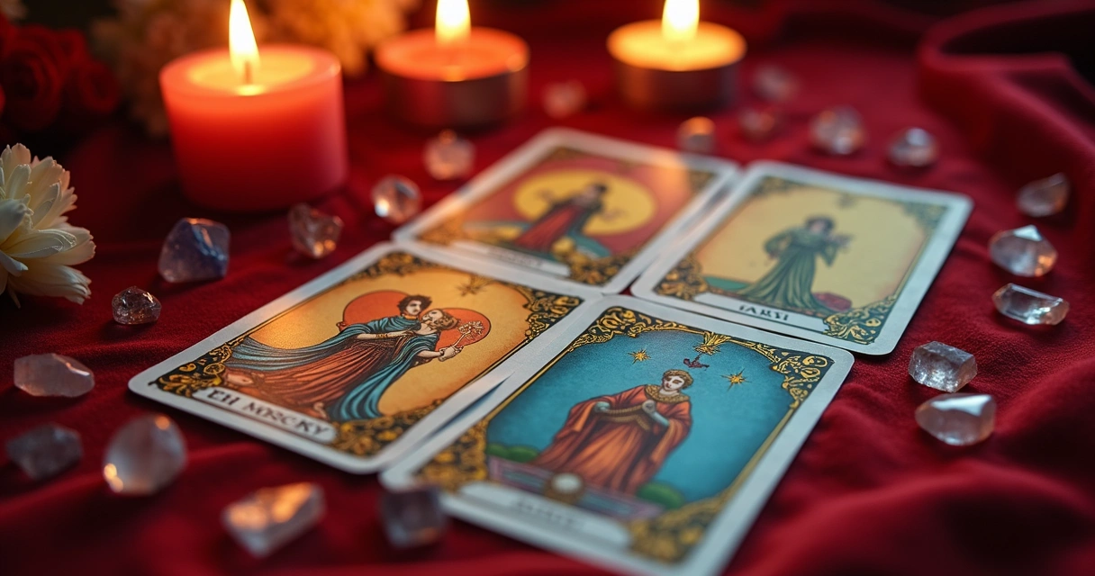 Baralho de tarot colorido sobre toalha vermelha com velas e cristais ao lado