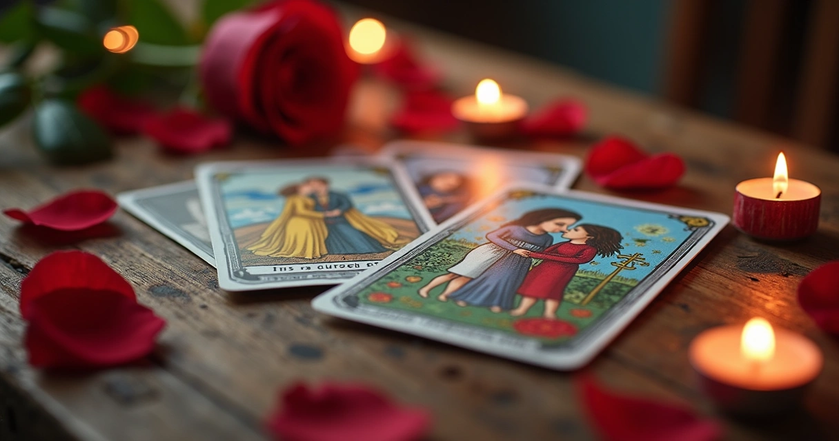 Baralho de tarot disposto em círculo com cartas viradas mostrando símbolos de amor e união 