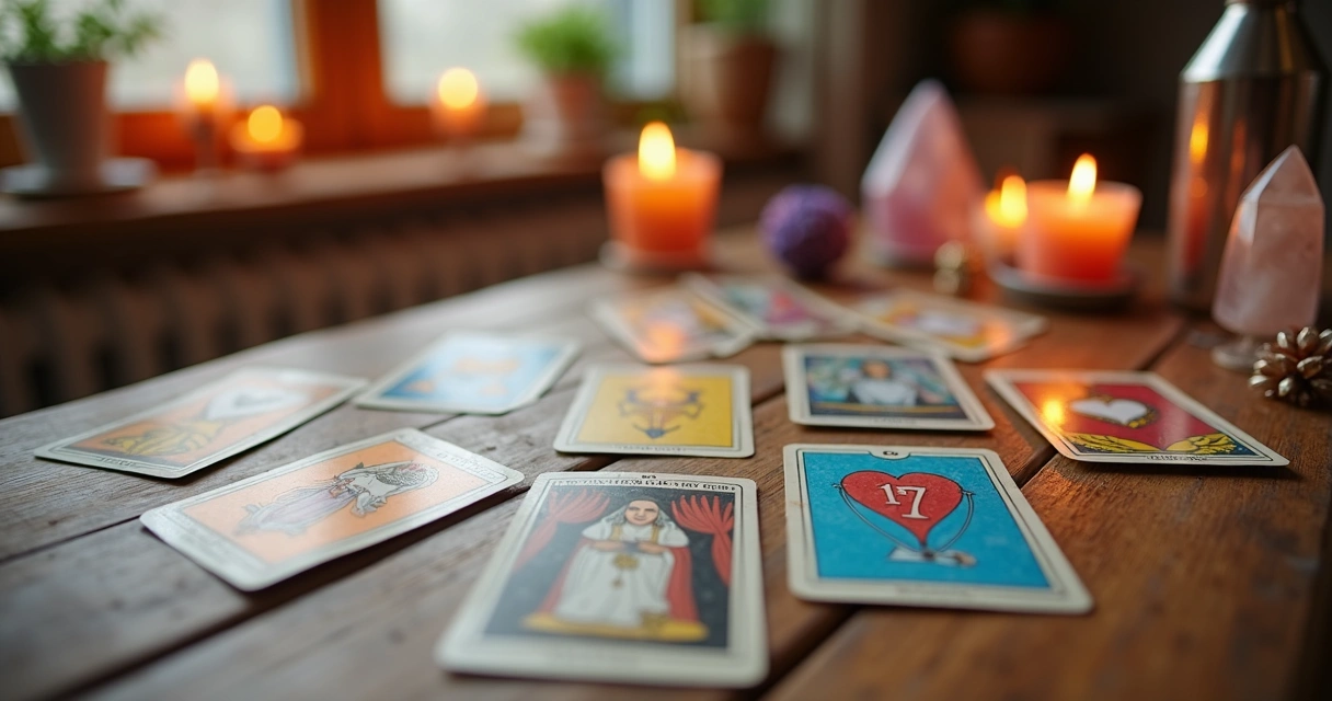 Cartas de Tarot espalhadas em mesa de madeira