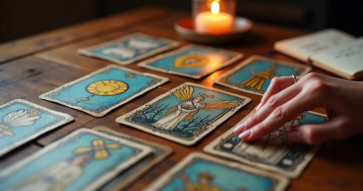 Cartas de tarot espalhadas sobre mesa de madeira 
