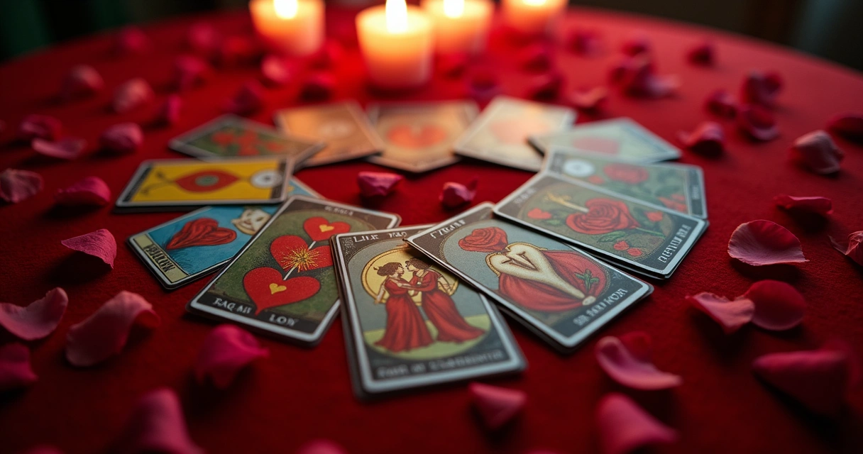 Cartas de tarot ao lado de um coração vermelho 