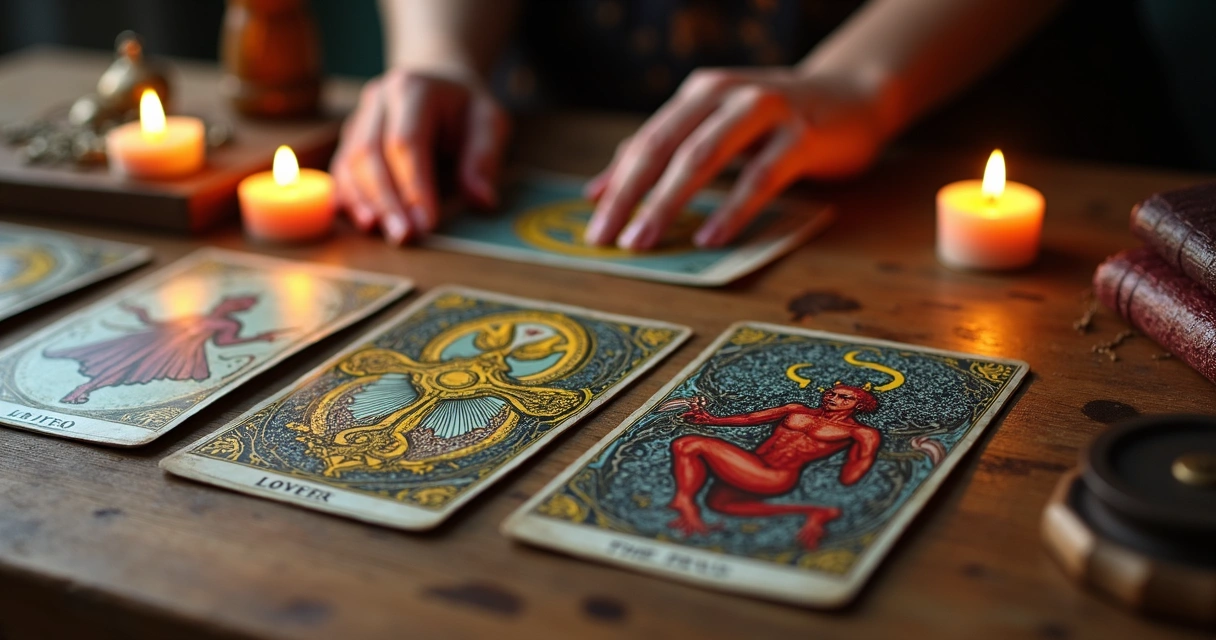 Cartas de tarot sobre uma mesa, luz suave e símbolos relacionais ao fundo 
