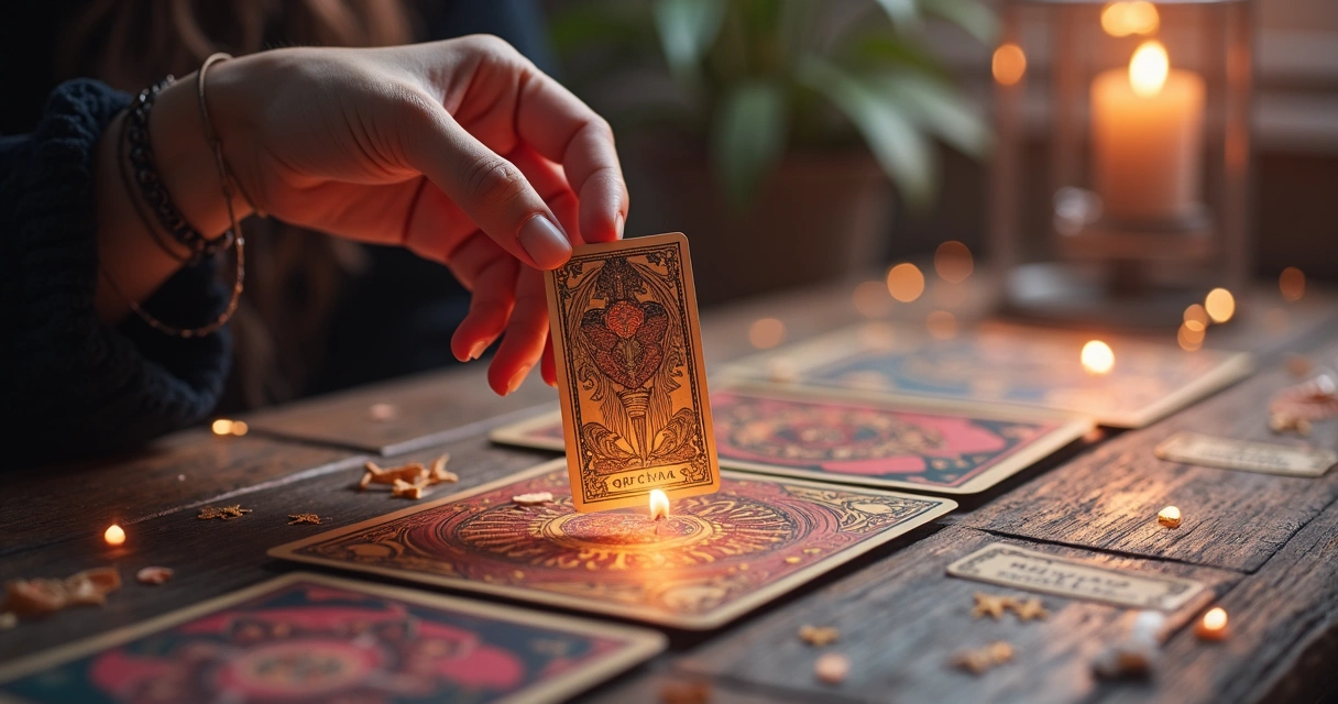 Cartas de tarot espalhadas sobre uma mesa e uma mão feminina segurando uma carta de Rainha de Espadas