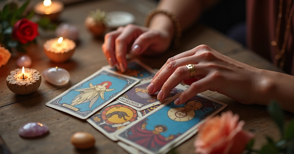 Cartas de tarot espalhadas sobre uma mesa em ambiente iluminado. 