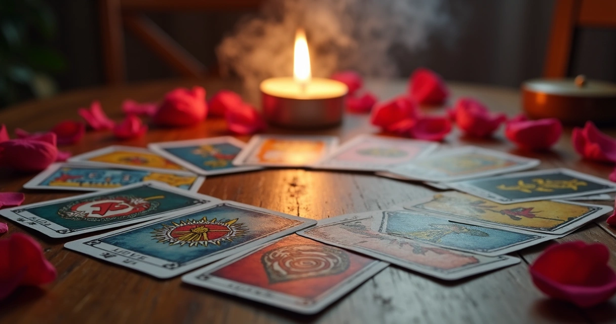 Cartas de tarot dispostas em uma mesa de madeira 