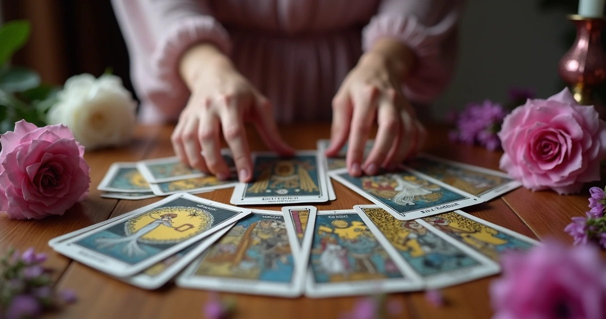 Cartas de tarot dispostas sobre uma mesa de madeira com luz suave 