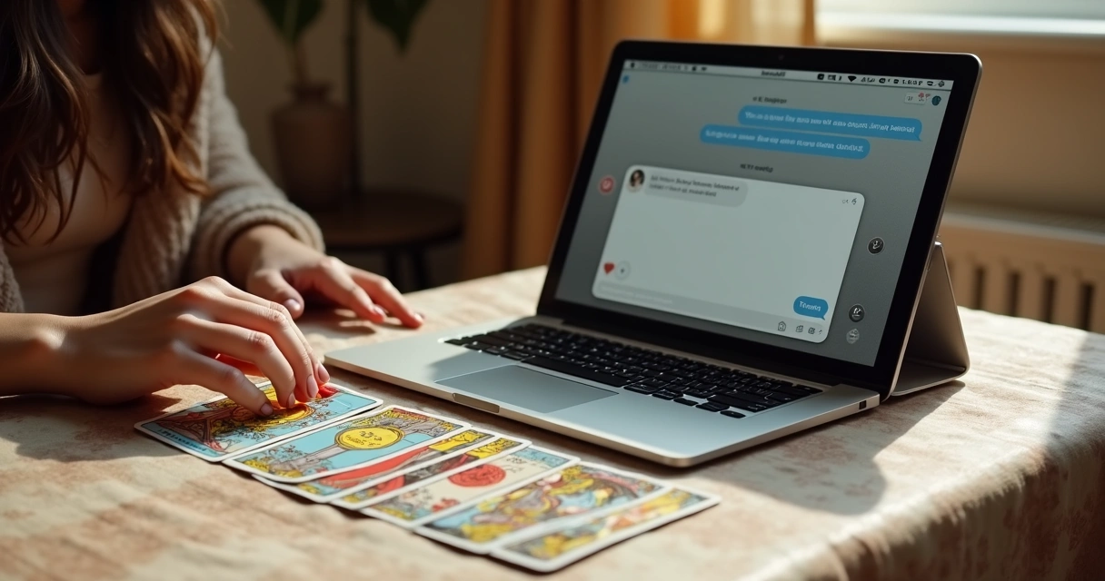 Cartas de tarot ao lado de um notebook aberto com chat online de consulta 