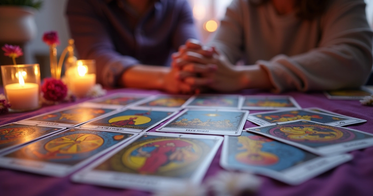 Cartas de tarot sobre mesa com casal de mãos dadas ao fundo 