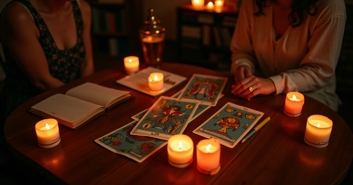 Dupla em mesa com cartas de tarot, caderno e velas, criando atmosfera de reflexão sobre relacionamentos.