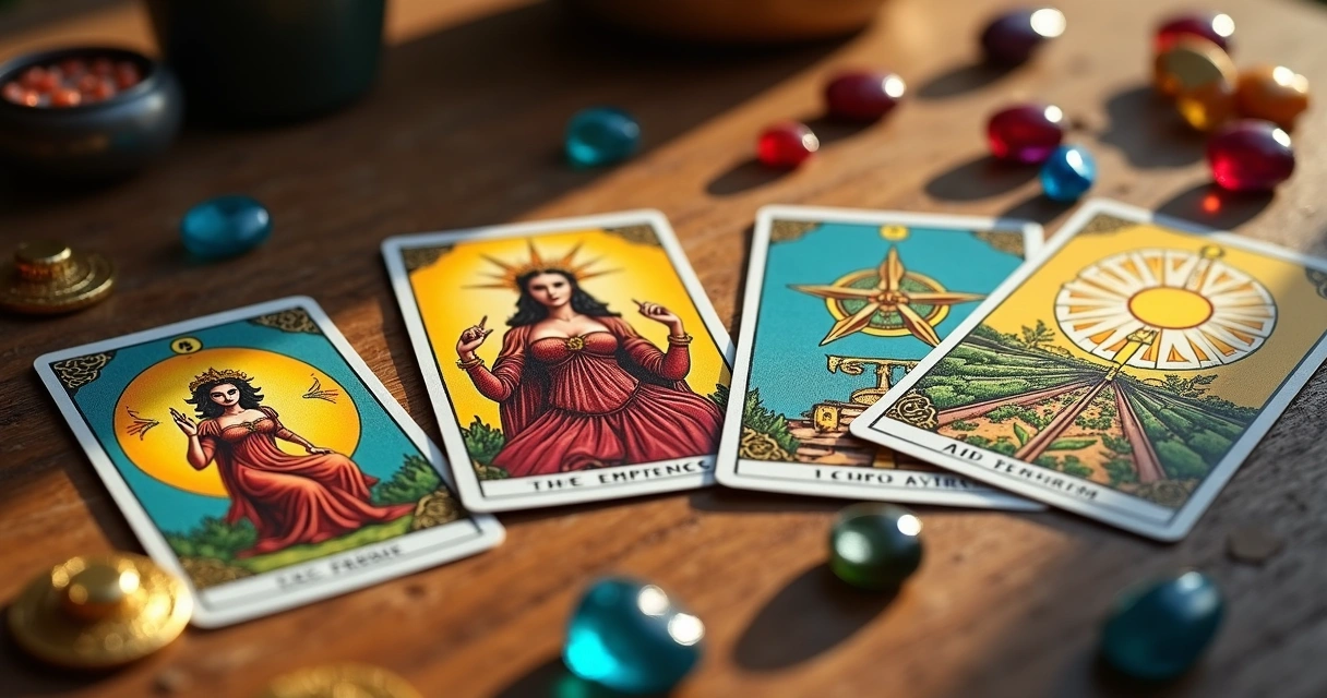 Cartas de tarot Imperatriz, Roda da Fortuna, Ás de Ouros e O Sol em mesa de madeira 