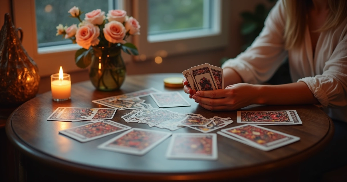 Mesa com cartas de tarot, flores e velas acesas 