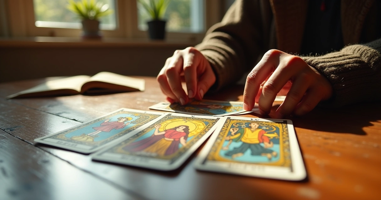 Cartas de tarot sendo viradas em mesa de madeira