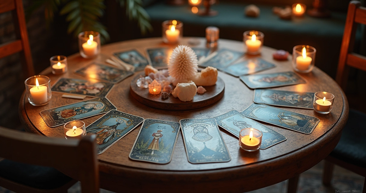 Cartas de tarot em círculo com símbolos místicos em madeira escura 