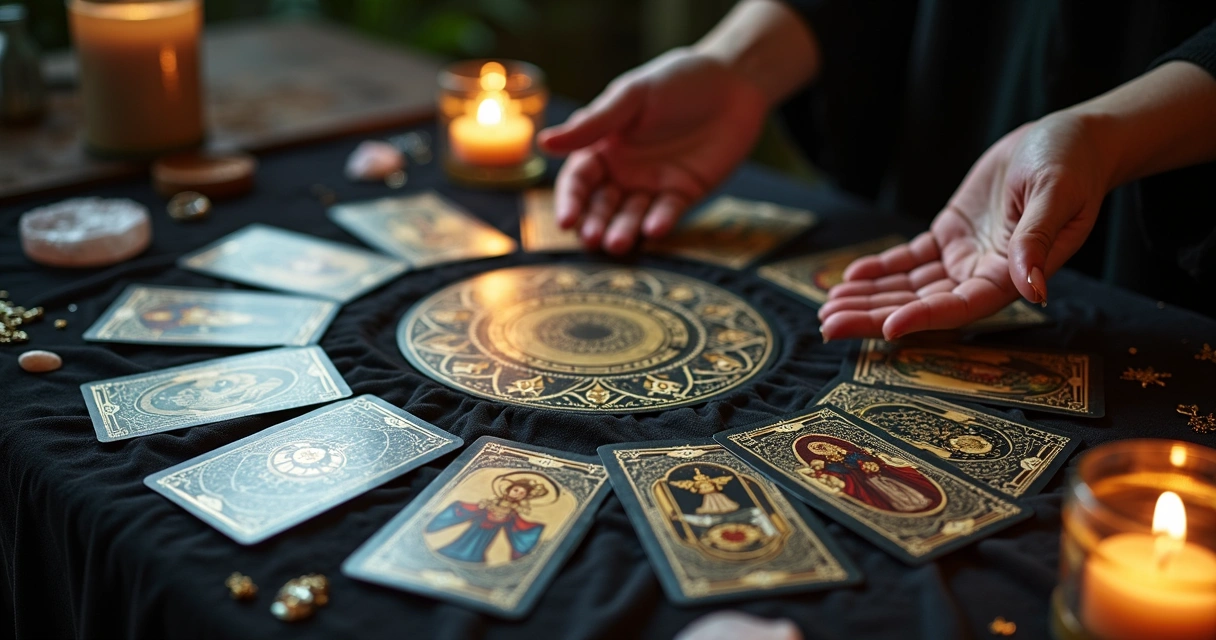 Cartas de tarot distribuídas em círculo sobre uma mesa de pano escuro com detalhes dourados 