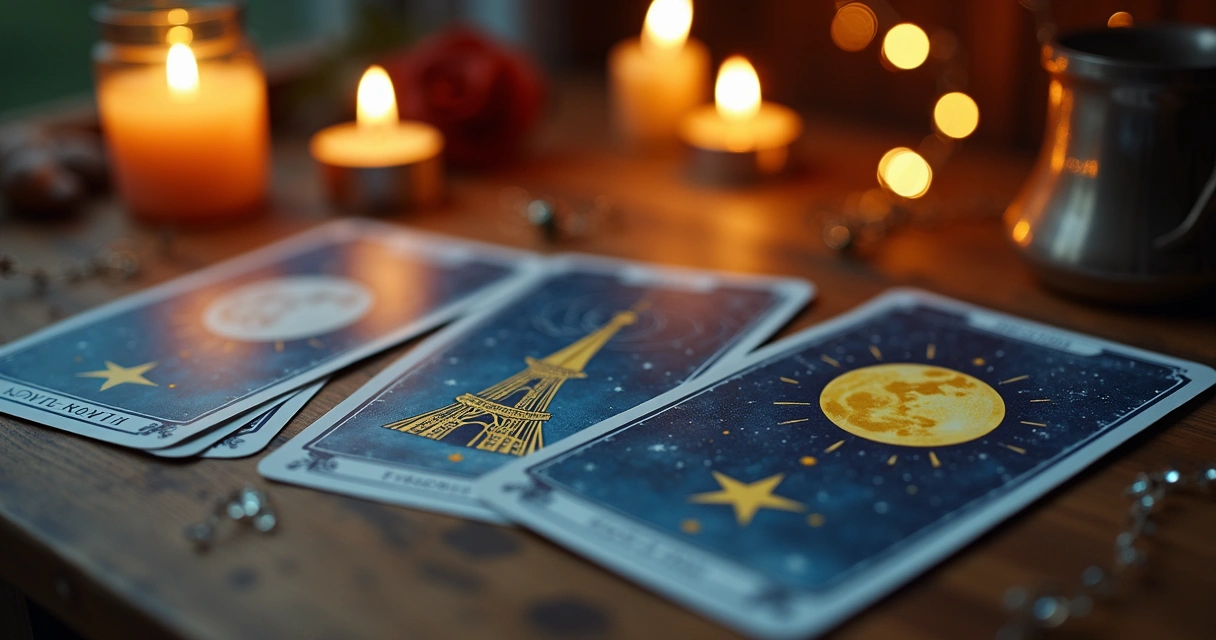 Baralho de tarot aberto sobre mesa, com cartas da Lua, Torre e Estrela em destaque 