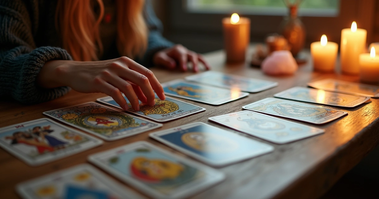 Baralho de tarot aberto sobre mesa de madeira com luz suave 
